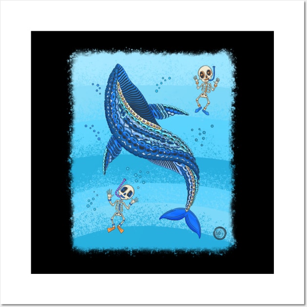 Colorful Blue Whale Skeleton - Dia De Los Muertos - Snorkeling Skeleton Wall Art by Scriptnbones